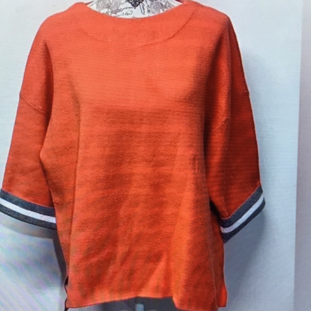 Orange Knit Sweater with Striped Sleeves